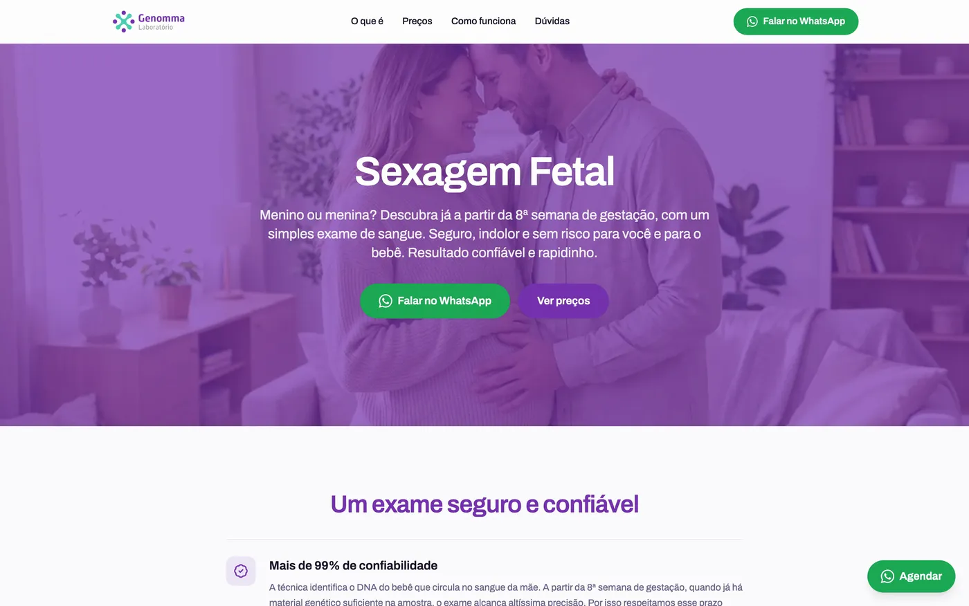 Landing page de um exame de sexagem fetal, com botão para falar no WhatsApp